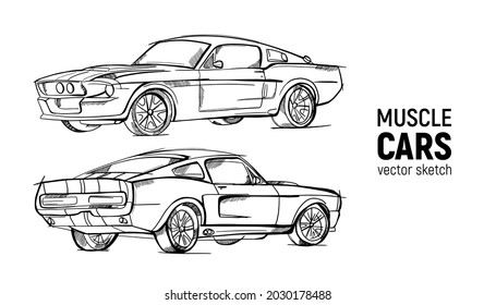 Hand drawn sketch retro car vector set. Three-quarter view and half-turn view. Muscle cars. Pencil design.