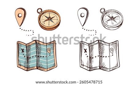 Hand drawn sketch of retro compass, geolocation mark and paper map. Vintage vector illustration isolated on white background. Doodle drawing.