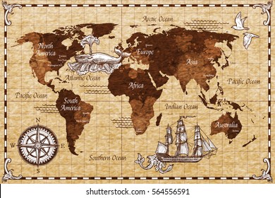 Hand drawn sketch retro world map with lettering doodle vector illustration