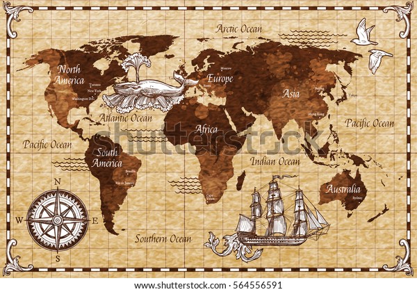 Hand drawn sketch retro world map with\
lettering doodle vector\
illustration