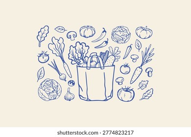 Hand drawn sketch of a reusable shopping bag overflowing with fresh vegetables surrounded by a variety of produce white background line art food and drink vegetables illustration shopping
