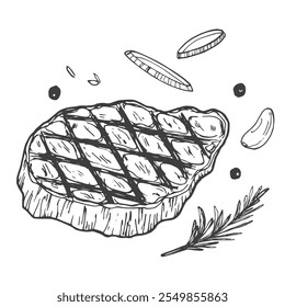 Hand drawn sketch ribeye steak. Isolated vector food illustration on white background