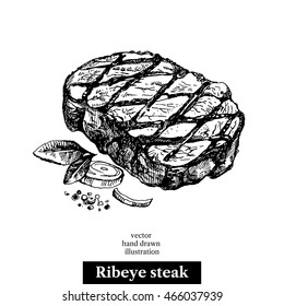 Hand Drawn Sketch Ribeye Steak. Isolated Vector Food Illustration On White Background
