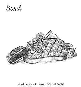 Hand drawn sketch ribeye steak. Isolated vector food illustration on white background