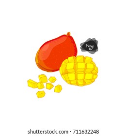 Hand drawn sketch ripe mango and sliced mango cubes on white background. Color illustration. 