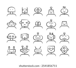 hand drawn and sketch robot head avatars set vector illustration