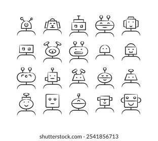 Dibujado a mano y boceto robot cabeza avatares conjunto Ilustración vectorial
