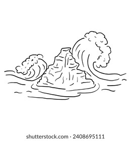 Hand drawn sketch of rock in waves isolated on white background