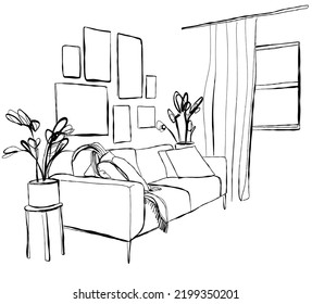 Hand drawn sketch of room interior. Sofa, table and chair