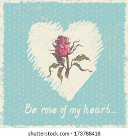 Hand drawn sketch of rose on heart-shaped backdrop. All objects are located on separate layers