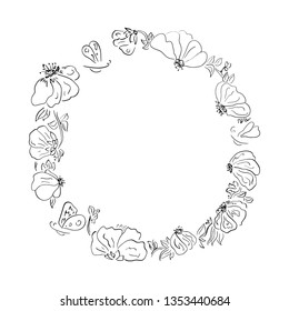 Hand drawn sketch round frame. Outline flowers and butterflies. Vector circle frame.