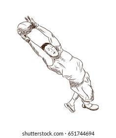 Hand drawn sketch of Rugby player with net in vector illustration.