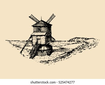 Handgezeichnete Skizze der rustikalen Windmühle an der Küste. Vektorgrafik der ländlichen Landschaft. Europäisches Landschaftsplakat, Karte.