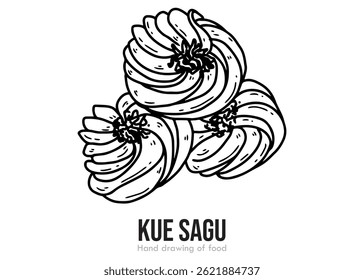 Hand drawn sketch of sago cake, black ink line art, Eid al-Fitr cookies