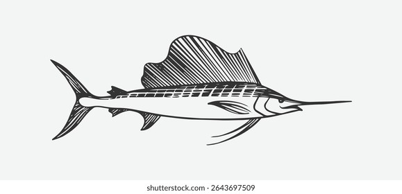 hand drawn sketch of sailfish, isolated vector. fish art illustration for fishing, print art, logo design, seafood and other.