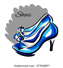 Hand drawn sketch for sale with linear women blue shoes with heels.