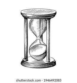 Hand drawn sketch of sandglass, hourglass on a white background. Clock. Wall clock. Watches. Alarm. Time.