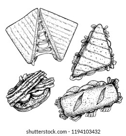 Esbozo dibujado a mano con sanwiches puesto. Vista superior. Submarino, ciabatta, triángulo y sándwiches rectangulares con hojas de lechuga, queso, tocino, jamón y verduras. Menú de restaurante de comida rápida. Ilustración vectorial.