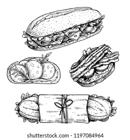 Hand drawn sketch sandwiches set.  Submarine, ciabatta, sandwiches with lettuce leaves, salami, cheese, bacon, ham and veggies. Top and perspective view. Fast food  menu. Vector illustration.