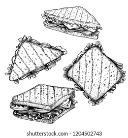 Hand drawn sketch sandwiches set. Triangle and rectangular sandwiches with lettuce leaves, salami, cheese, bacon, ham and veggies. Top and perspective view. Fast food restaurant menu. Vector drawing.