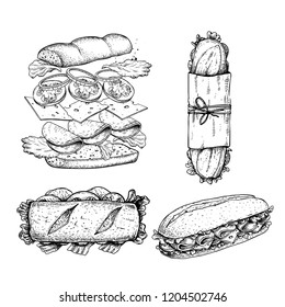 Hand drawn sketch sandwiches set. Submarine type sandwiches with lettuce leaves, salami, cheese, bacon, ham and veggies. Top and perspective view. Sandwich constructor. Flying ingredients. Fast food.
