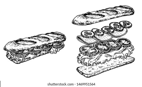 Hand drawn sketch sandwiches set. Submarine type sandwiches with lettuce leaves, salami, cheese, bacon, ham and veggies. Top and perspective view. Sandwich constructor. Flying ingredients. Fast food.