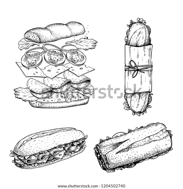 Hand drawn\
sketch sandwiches set. Submarine type sandwiches. Top and\
perspective view. Sandwich constructor. Flying ingredients. Fast\
food restaurant menu. Vector\
illustration.