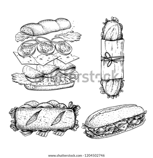 Hand drawn sketch sandwiches set. Submarine type\
sandwiches with lettuce leaves, salami, cheese, bacon, ham and\
veggies. Top and perspective view. Sandwich constructor. Flying\
ingredients. Fast food.