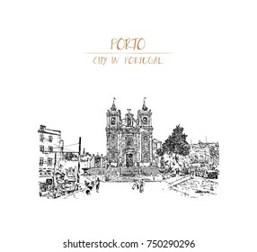 Hand drawn sketch of Santa Clara church facade at Porto, Portugal in vector illustration.