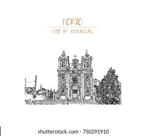 Hand drawn sketch of Santa Clara church facade at Porto, Portugal in vector illustration.