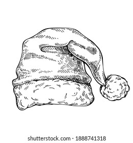 Hand drawn Sketch of  Santa Hat. Doodle ink santa hat or sleeping cap