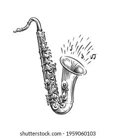 Hand drawn sketch of saxophone isolated vector art. Musical instrument for design decoration invitation jazz festival, music shop