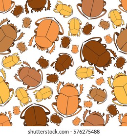 Hand drawn sketch of Scarab Beetle on a white background, seamless pattern, vector illustration