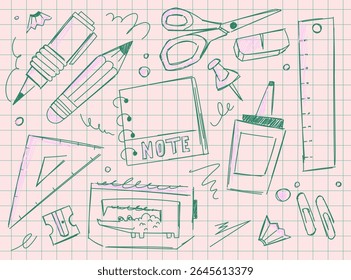 Hand drawn sketch of school stationery on graph paper. Features notebook, ruler, glue, pencil, scissors and other supplies. Ideal for back to school concepts