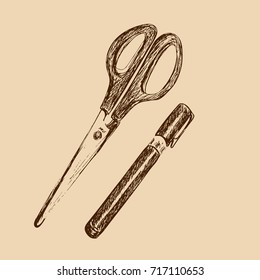 Hand drawn sketch of scissors and pen on light beige background. Stationary and office supplies. Vector engraving illustration. Set of school elements. 
