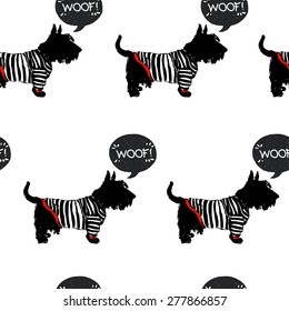 Hand drawn sketch Scottish terrier in a sailor shirt with speech bubble. Seamless pattern with sketchy dogs on white background.