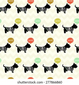 Hand drawn sketch Scottish terrier in a sailor shirt with speech bubbles. Seamless pattern with sketchy dogs on chevron background.