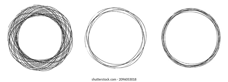 Hand drawn, sketch, scribble, doodle circles. Grungy, grunge stain circular and radial lines. Circles drawing set