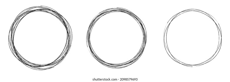 Hand drawn, sketch, scribble, doodle circles. Grungy, grunge stain circular and radial lines. Circles drawing set