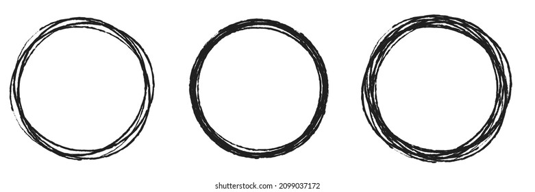 Hand drawn, sketch, scribble, doodle circles. Grungy, grunge stain circular and radial lines. Circles drawing set