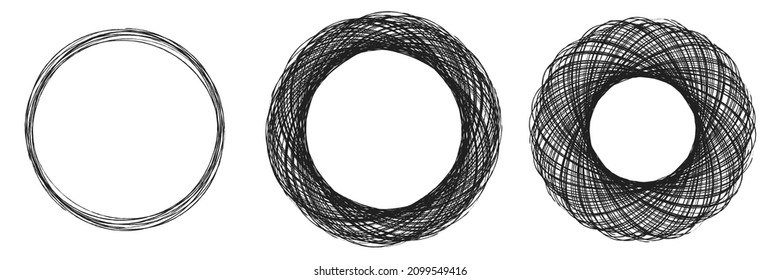 Hand drawn, sketch, scribble, doodle circles. Grungy, grunge stain circular and radial lines. Circles drawing set