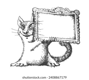 Hand drawn sketch in scribble style with cartoon cat holding frame with message