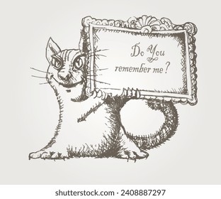 Hand drawn sketch in scribble style with cartoon cat holding frame with message