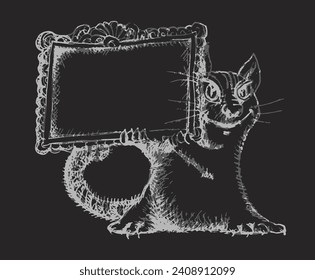 Hand drawn sketch in scribble style with cartoon cat holding black board frame with message