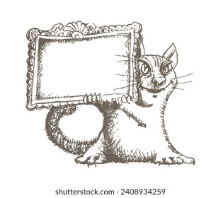 Hand drawn sketch in scribble style with cartoon cat holding frame with message