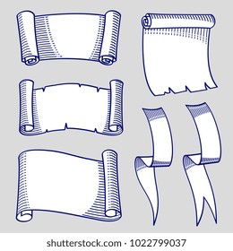 Hand drawn sketch of scrolls and ribbons. Ribbon scroll decoration sketch vintage, vector illustration
