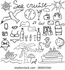 Hand drawn sketch sea cruise doodles vector illustration of Travel and summer elements, isolated.