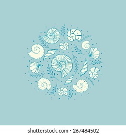 Hand drawn sketch sea shells and ammonites. Vector abstract illustrations