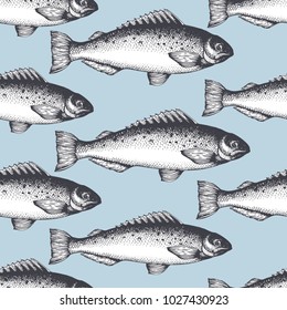 Hand drawn sketch seafood background. Vector seamless pattern with fish. Retro trout illustration. Can be use for menu or packaging design. Engraved style. Vintage salmon illustration.
