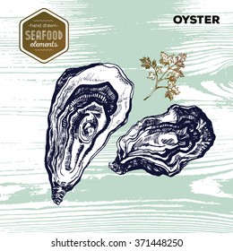 Hand drawn sketch seafood of oysters and parsley. Vector illustration. Vintage style on grunge wood texture background. Vector illustration. Vintage style. 